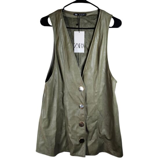 Zara Vest Womens Size Small Army Green Faux Leather Pinafore Skirt Dress Tunic - Picture 5 of 10